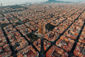 Aerial view of Barcelona with Sagrada Família in the foreground
